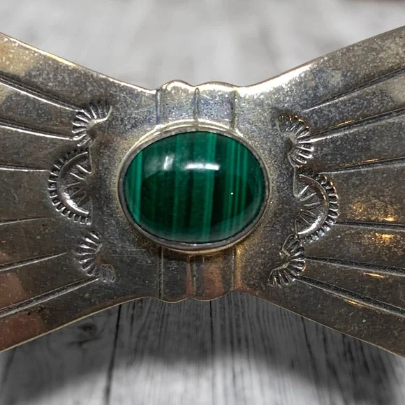 Vintage Navajo Hair Barrette Sterling Silver 925 Malachite Stamped Marked GJ